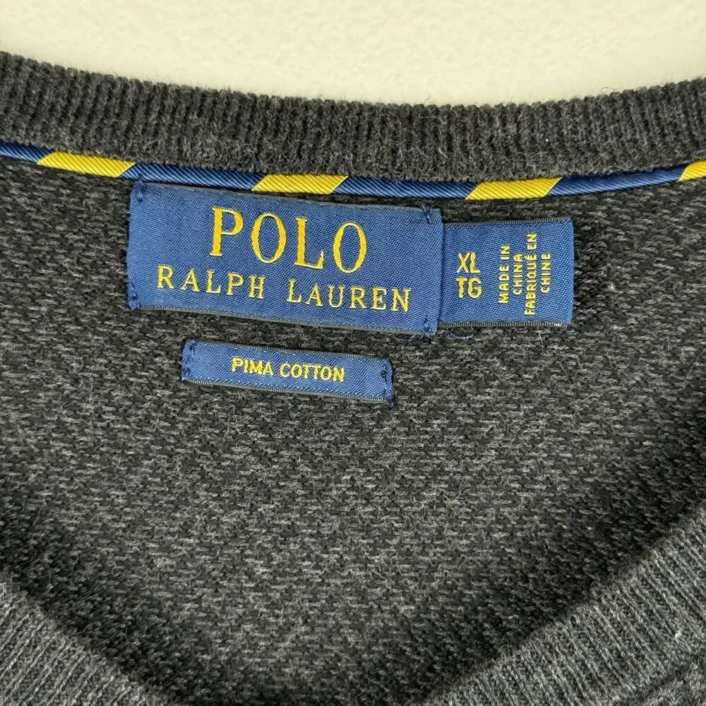POLO RALPH LAUREN Mens XL Black Pima Cotton V-Neck Long Sleeve Sweater Pullover